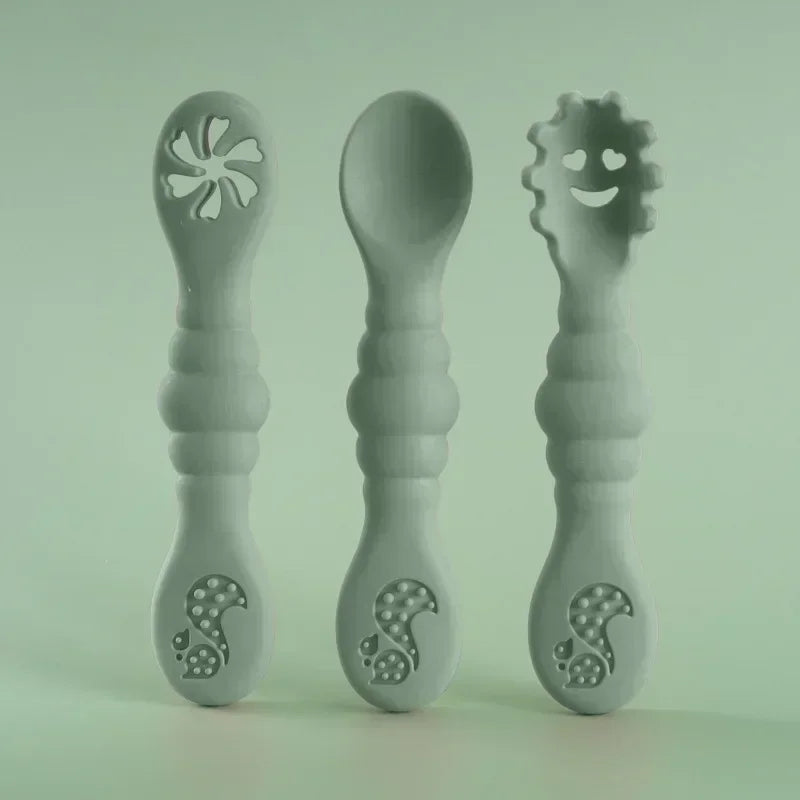 3PCS Silicone Baby Utensils Set โ Soft Spoon & Fork for Toddlers โ Self-Feeding Training Cutlery