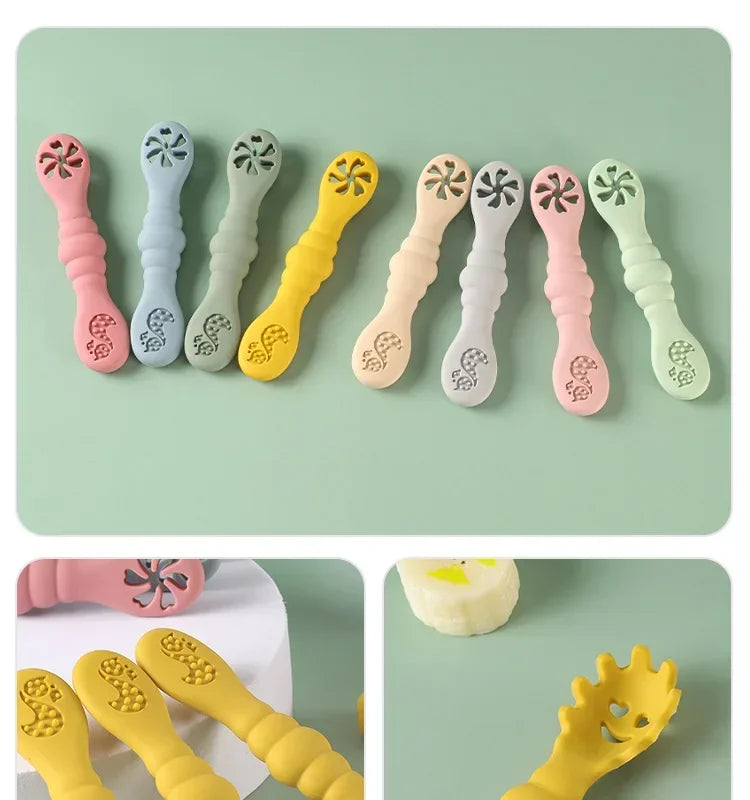 3PCS Silicone Baby Utensils Set โ Soft Spoon & Fork for Toddlers โ Self-Feeding Training Cutlery
