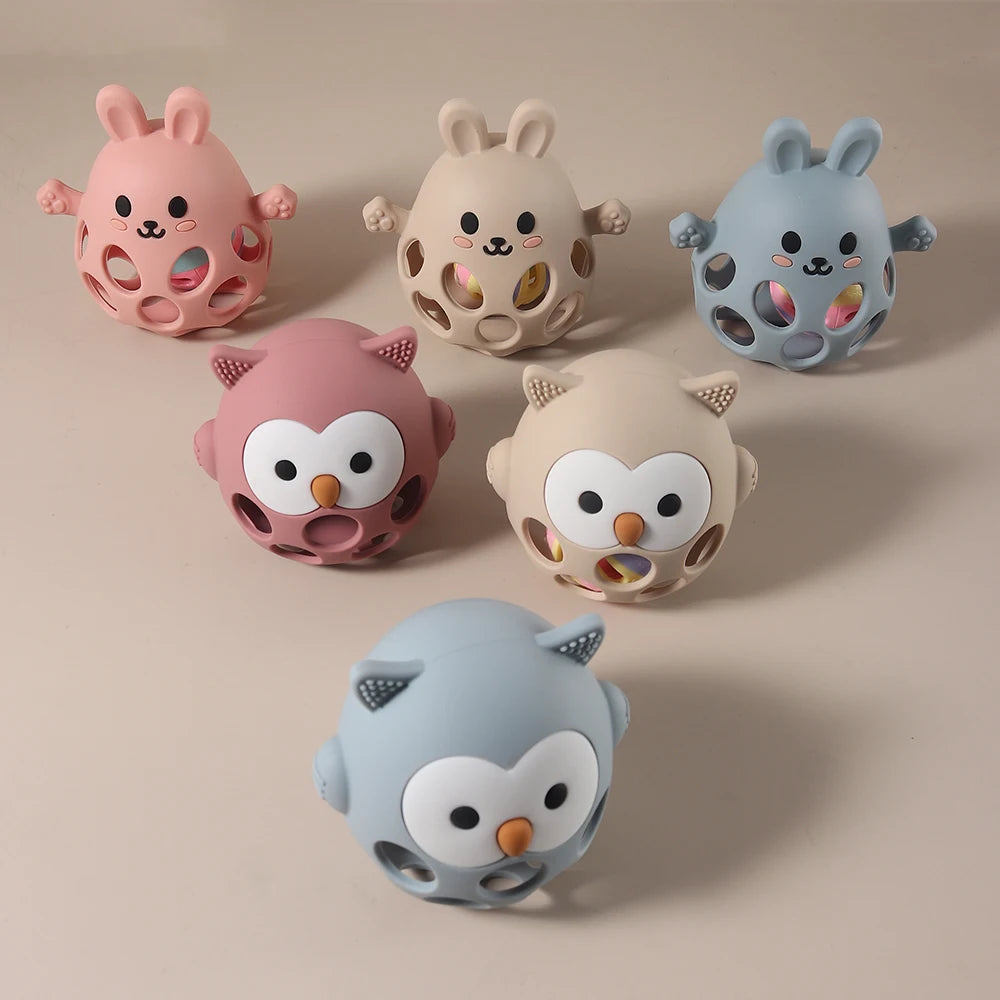 Silicone Baby Teether Gift Set - Rabbit & Owl Shaped Cartoon Teething Toy with Bell