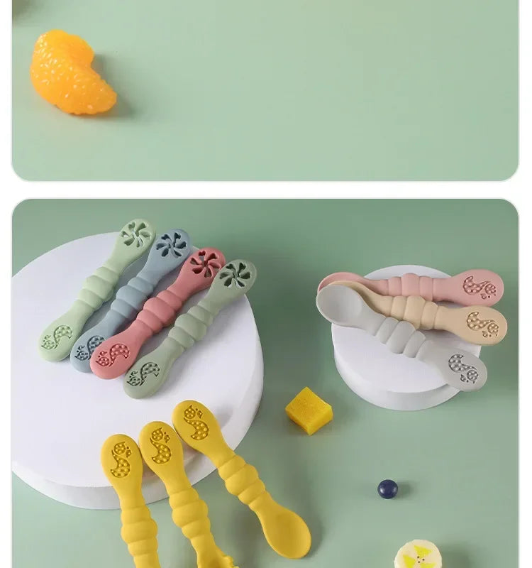 3PCS Silicone Baby Utensils Set โ Soft Spoon & Fork for Toddlers โ Self-Feeding Training Cutlery