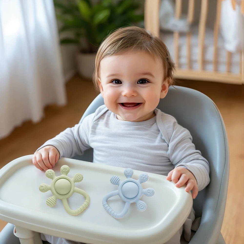 BPA Free Silicone Teether Rattle - Food Grade Baby Sensory Toy for 0-12 Months
