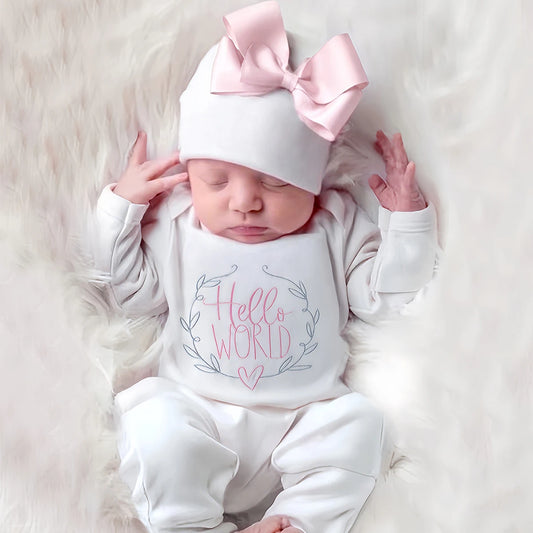 Ylsteed "Hello World" Embroidery Newborn Photography Props Infant Romper Jumpsuit with Bow Hat Baby Coming Home Outfit Baby Gift