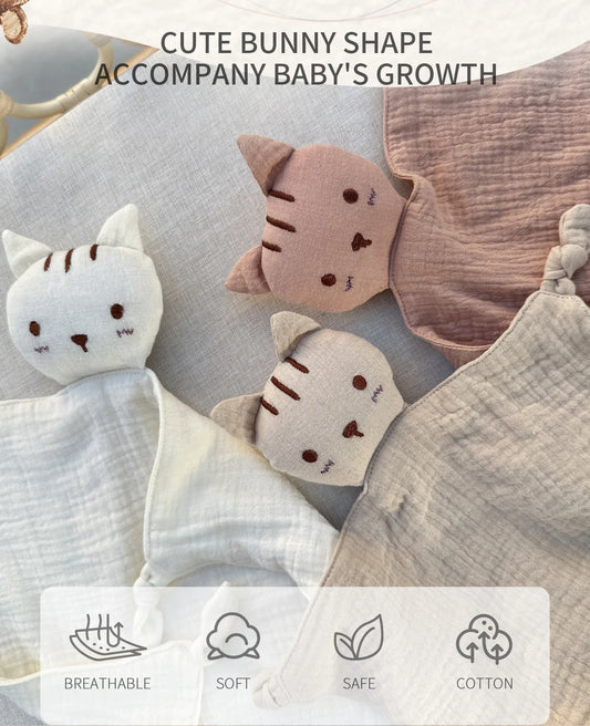 Soft Cotton Muslin Baby Bib with Stuffed Cat - Security Blanket & Comfort Towel