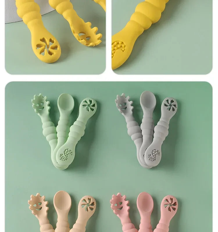 3PCS Silicone Baby Utensils Set โ Soft Spoon & Fork for Toddlers โ Self-Feeding Training Cutlery