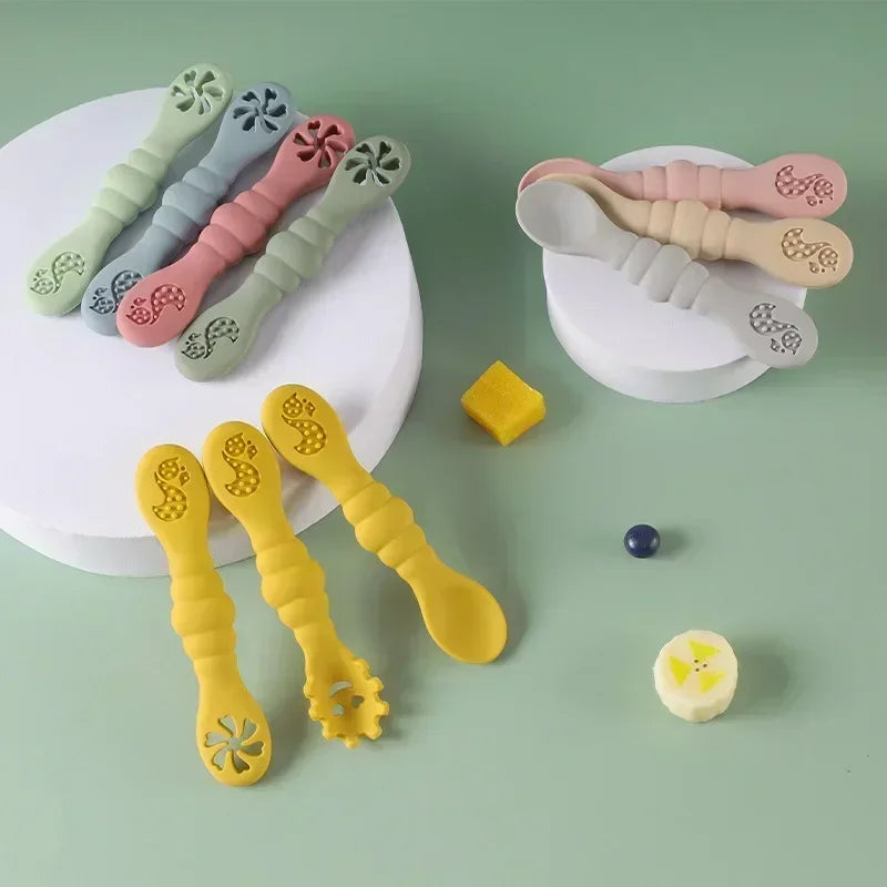 3PCS Silicone Baby Utensils Set โ Soft Spoon & Fork for Toddlers โ Self-Feeding Training Cutlery
