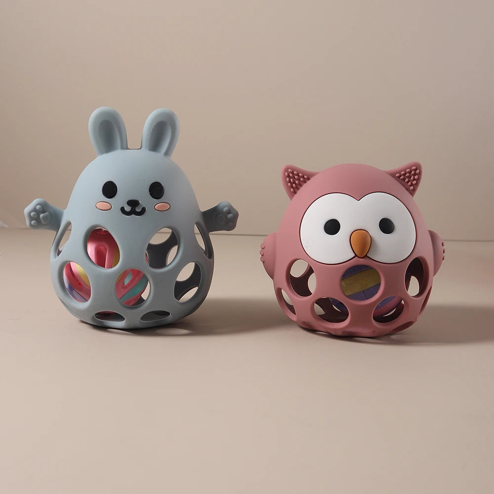 Silicone Baby Teether Gift Set - Rabbit & Owl Shaped Cartoon Teething Toy with Bell