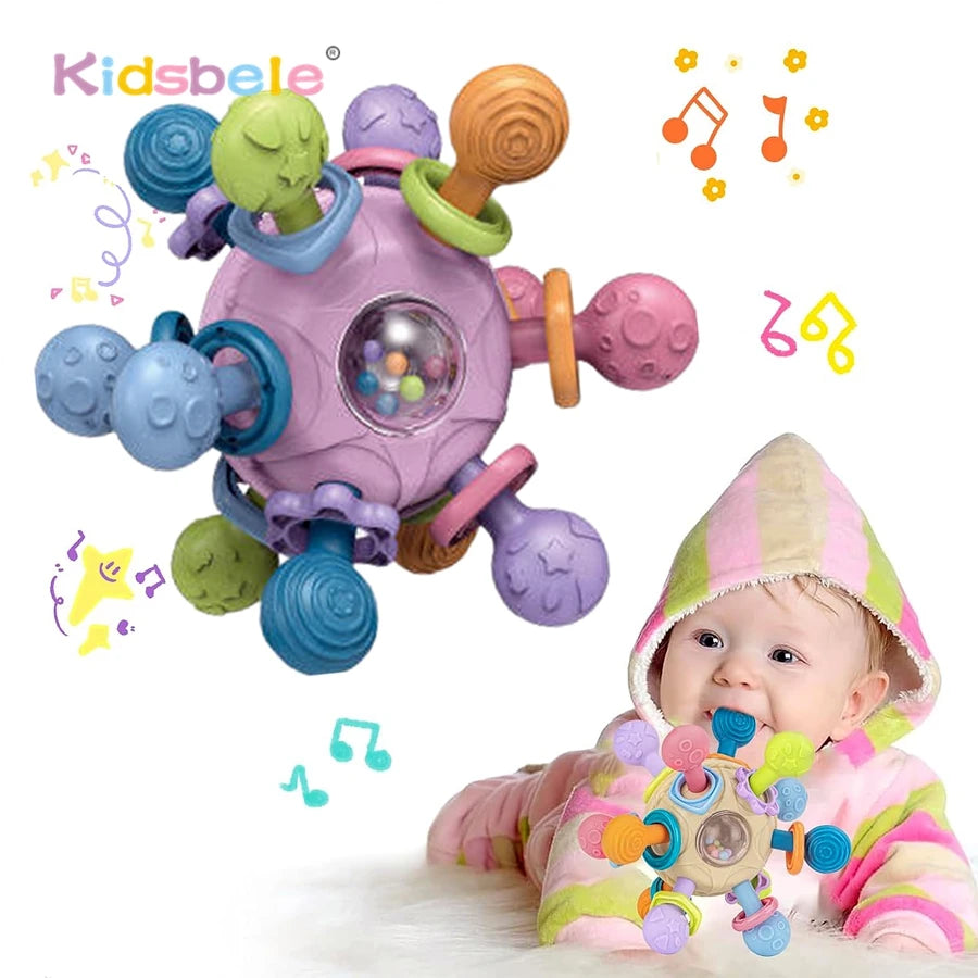 Newborn Infant Shake Grab Spin Multi Sensory Ball Toy 3 in 1 Soft Silicone Chew & Grab Toy for Babies 0-12 Months Christmas Gift