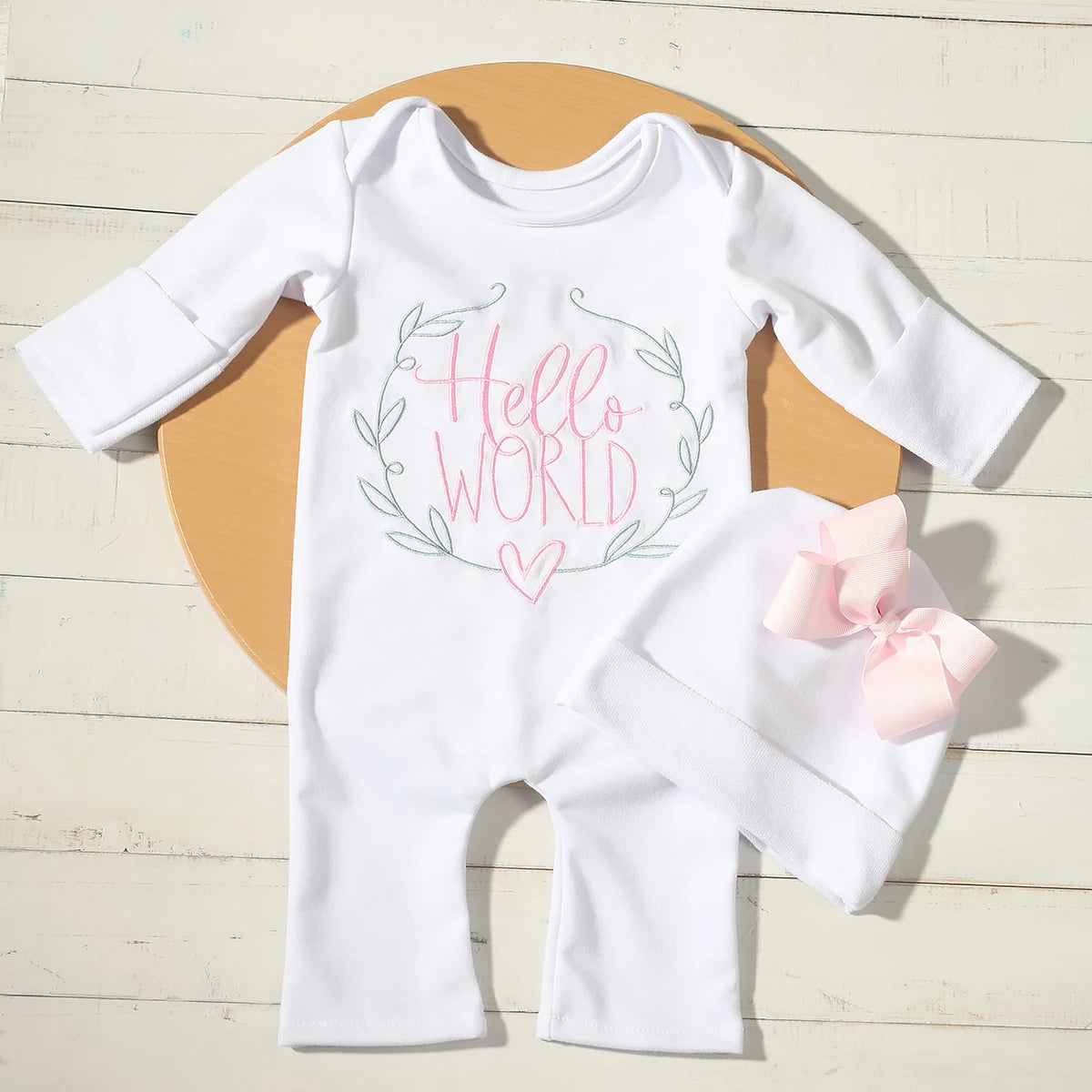 Ylsteed "Hello World" Embroidery Newborn Photography Props Infant Romper Jumpsuit with Bow Hat Baby Coming Home Outfit Baby Gift