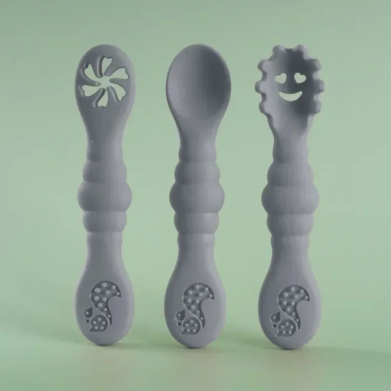 3PCS Silicone Baby Utensils Set โ Soft Spoon & Fork for Toddlers โ Self-Feeding Training Cutlery