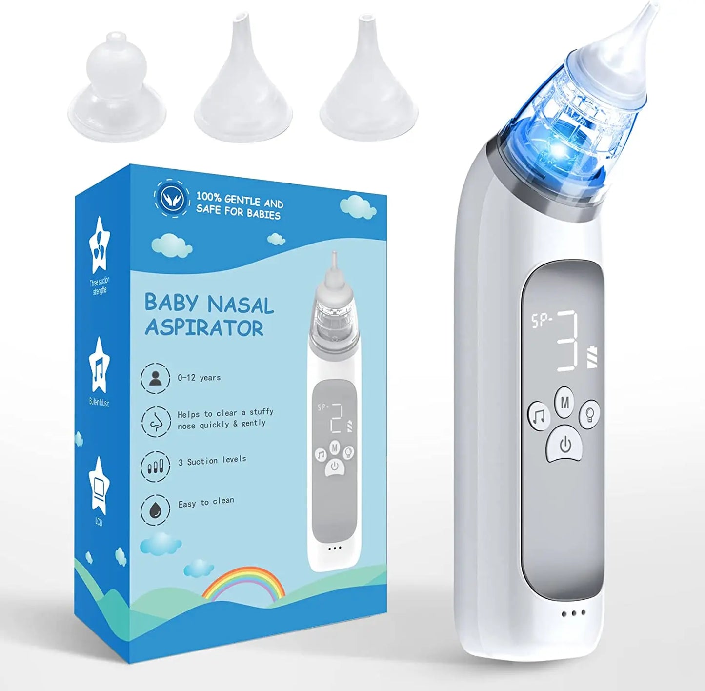Electric Baby Nasal Aspirator β USB Rechargeable Nose Cleaner with Music, Lights & 3 Silicone Tips (Anti-Backflow Design)