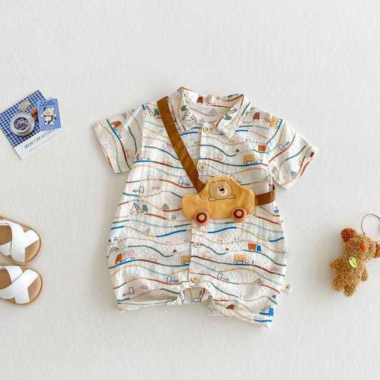 Baby Car Climbing Suit 2025 New Summer Newborn Outdoor Clothes Trendy Baby Full Version Cartoon Jumpsuit