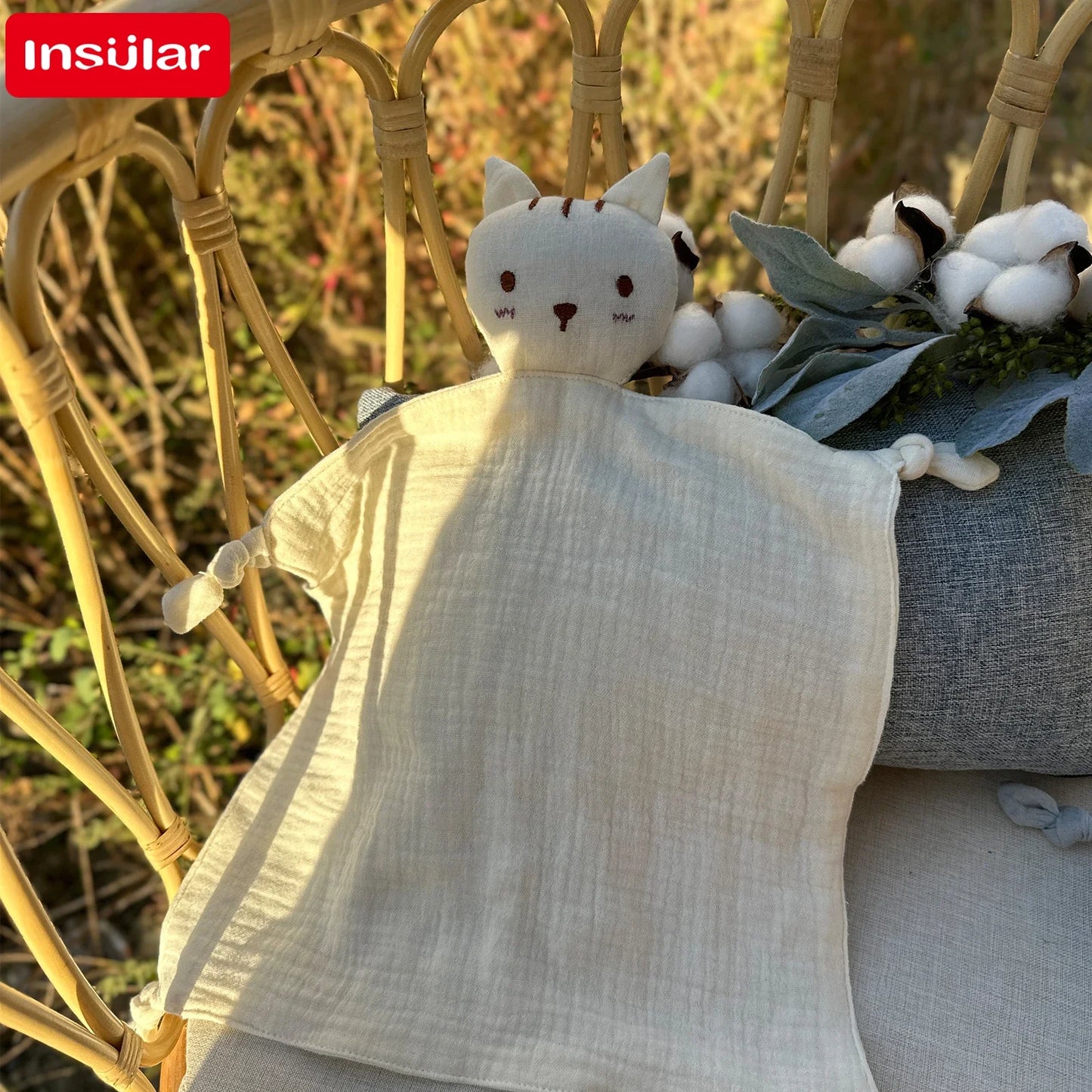 Soft Cotton Muslin Baby Bib with Stuffed Cat - Security Blanket & Comfort Towel