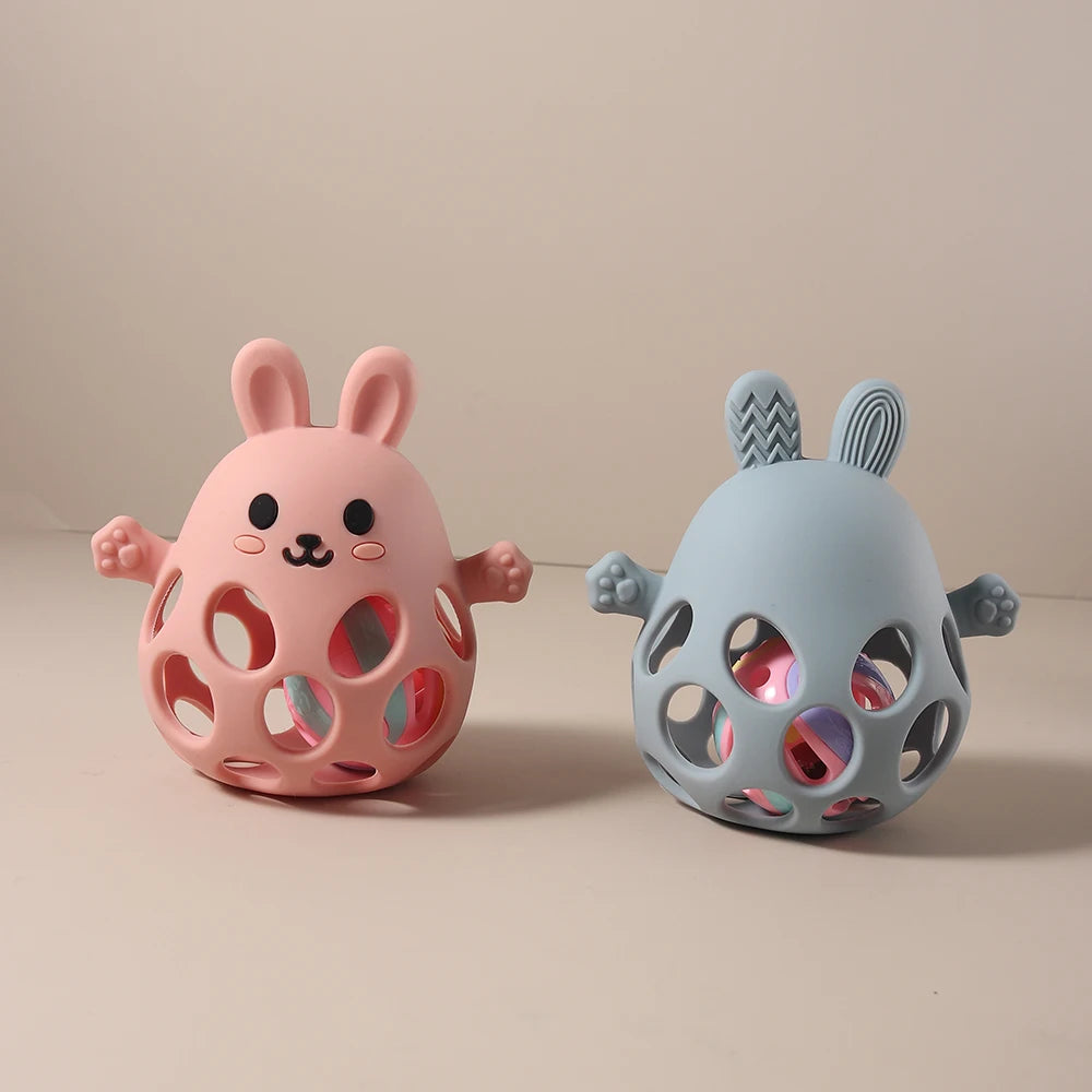 Silicone Baby Teether Gift Set - Rabbit & Owl Shaped Cartoon Teething Toy with Bell