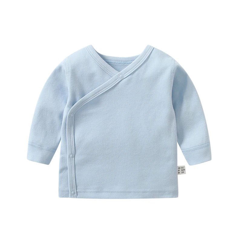 Newborn Baby Clothing Slanting Open Buckle T Shirt Tops Cotton Long Sleeves Solid Color Tees Baby Boys Girls Outfit 0-12 Months