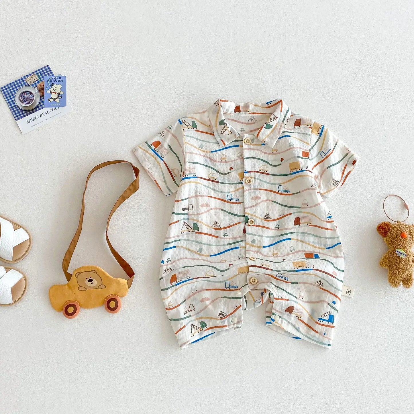 Baby Car Climbing Suit 2025 New Summer Newborn Outdoor Clothes Trendy Baby Full Version Cartoon Jumpsuit