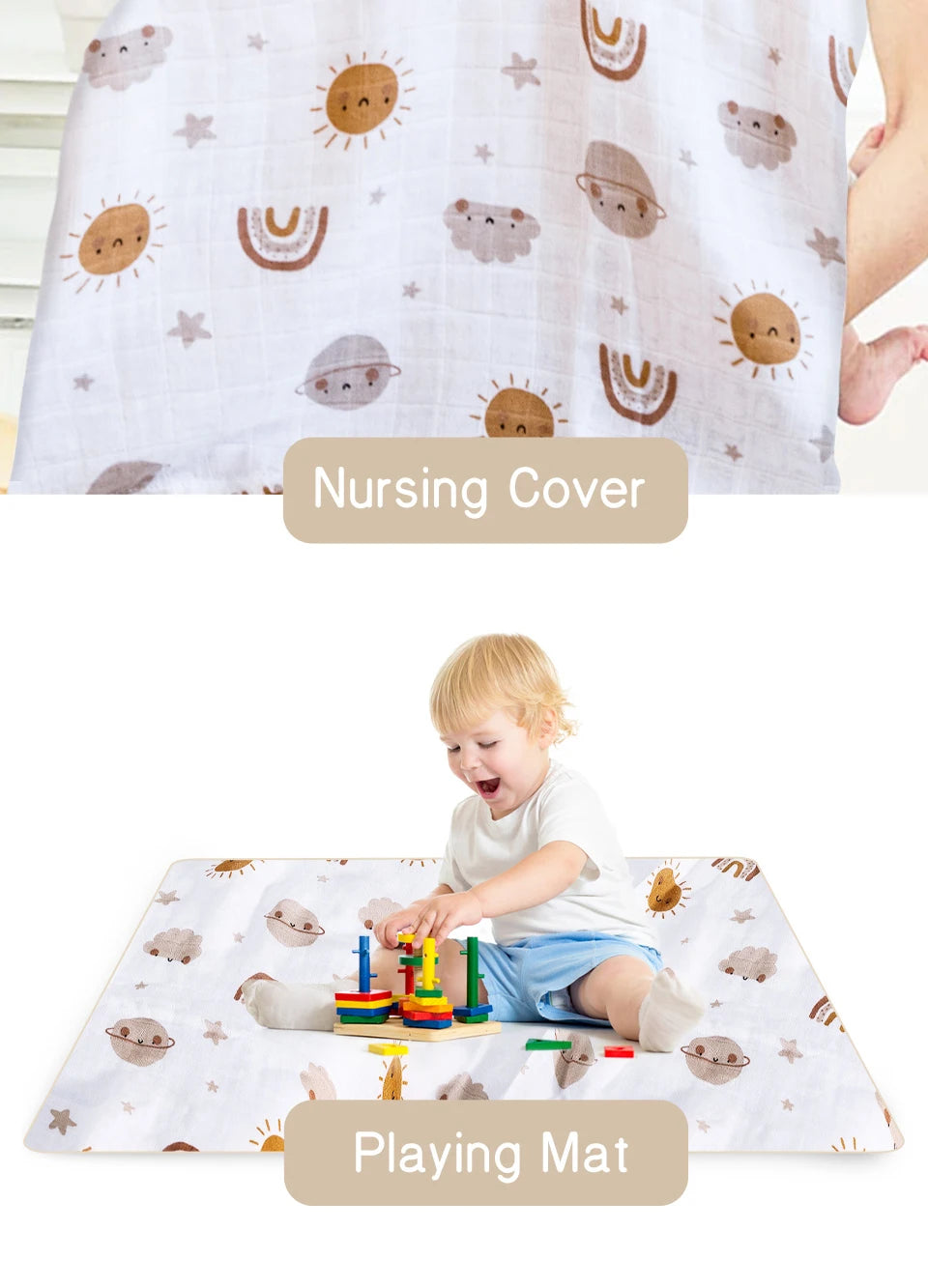 Bamboo Cotton Baby Muslin Swaddle Blanket - 120x110cm Soft Print Wrap by Elinfant