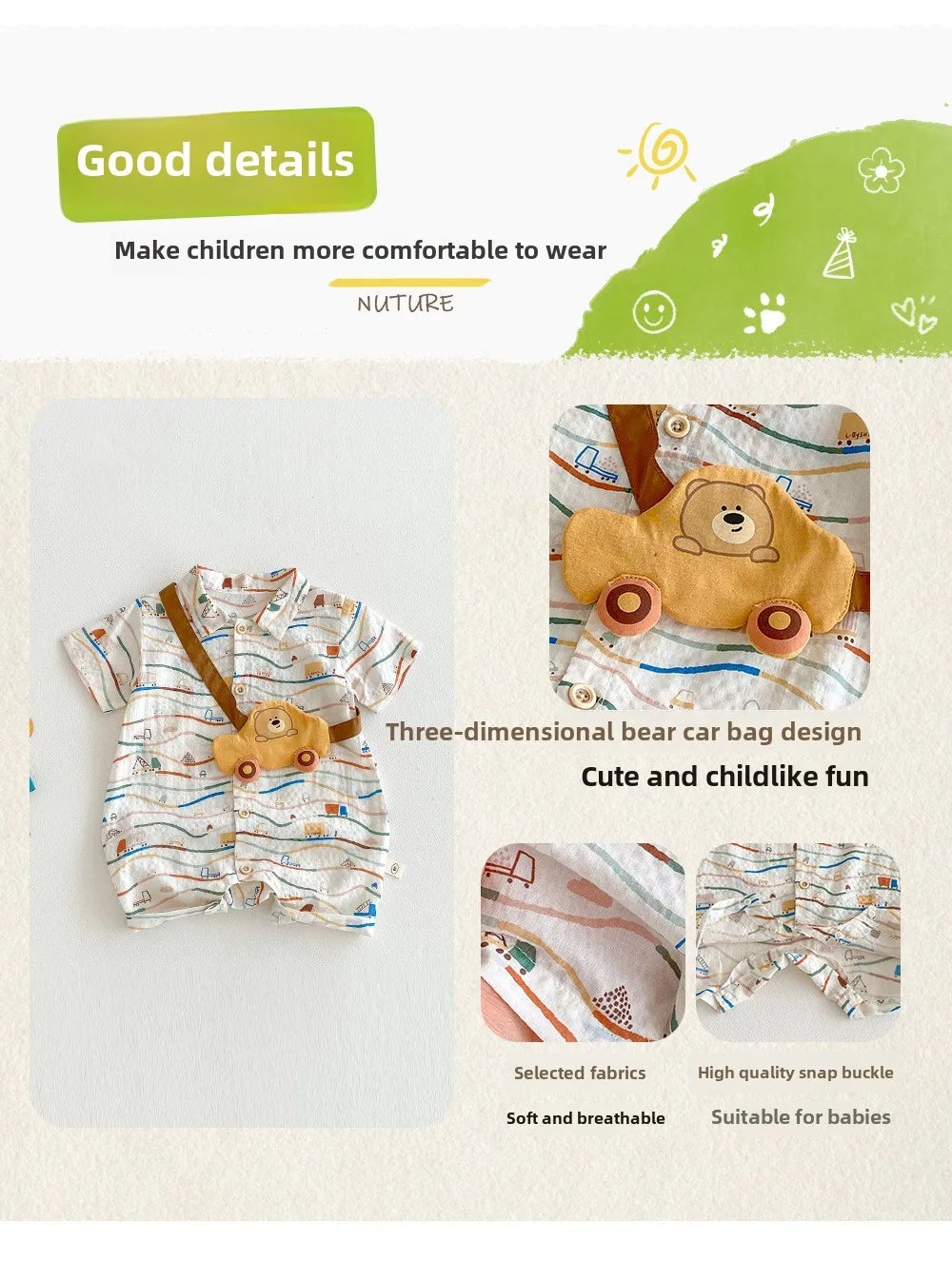 Baby Car Climbing Suit 2025 New Summer Newborn Outdoor Clothes Trendy Baby Full Version Cartoon Jumpsuit
