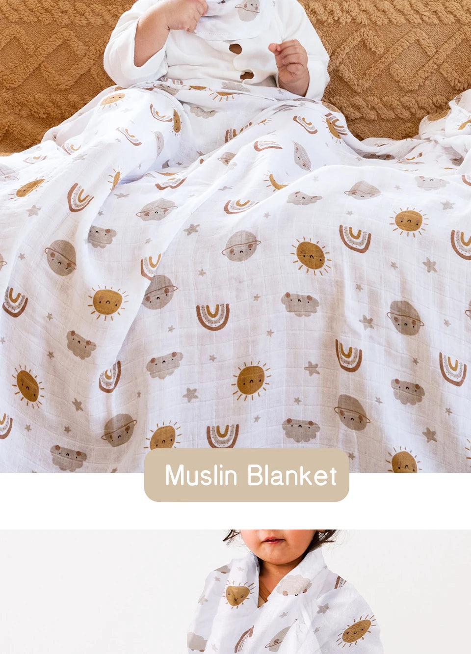 Bamboo Cotton Baby Muslin Swaddle Blanket - 120x110cm Soft Print Wrap by Elinfant