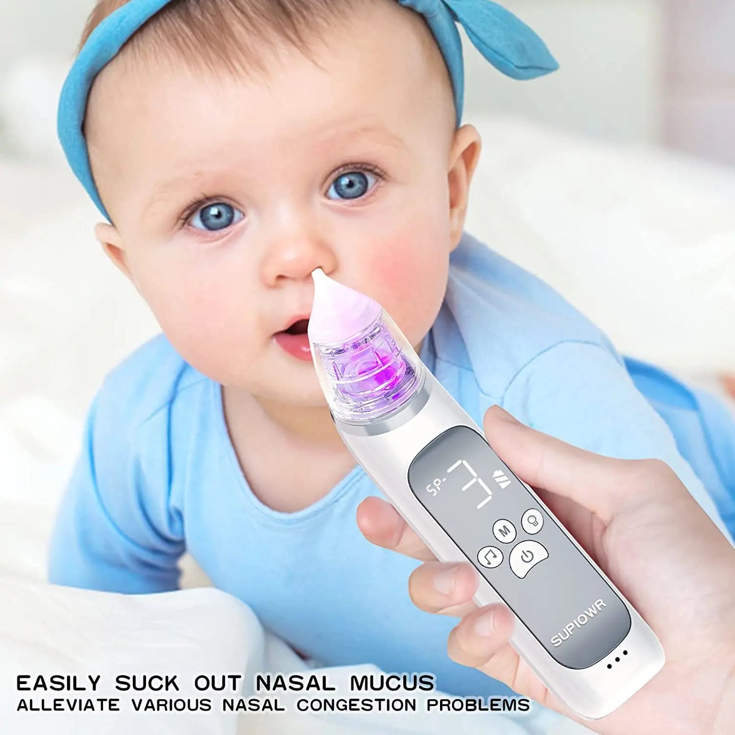 Electric Baby Nasal Aspirator β USB Rechargeable Nose Cleaner with Music, Lights & 3 Silicone Tips (Anti-Backflow Design)