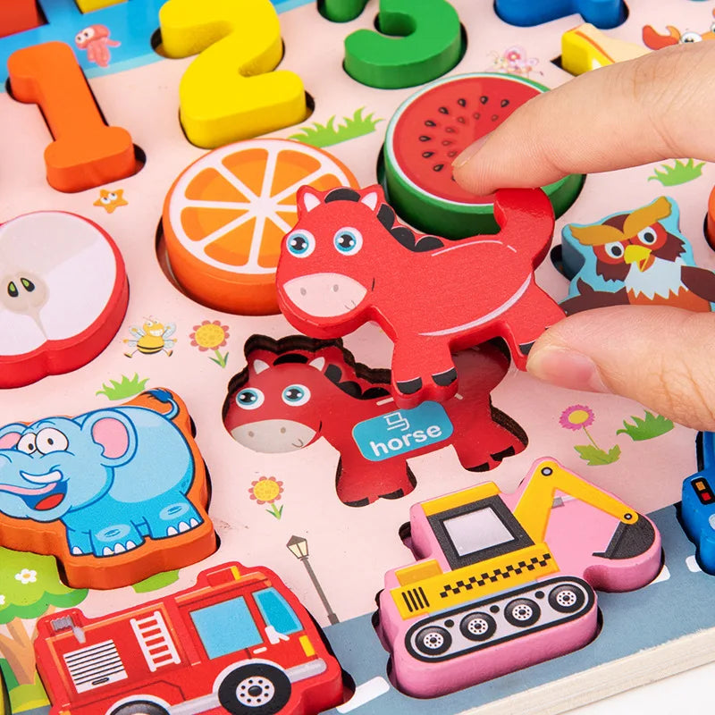QWZ Montessori Educational Wooden Math Toys - Busy Board Count Shape Colors Fishing Puzzle