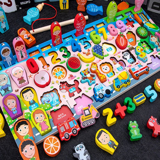 QWZ Montessori Educational Wooden Math Toys - Busy Board Count Shape Colors Fishing Puzzle