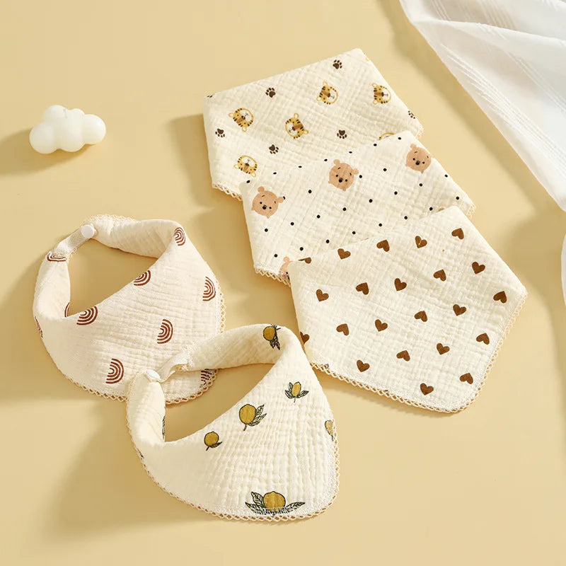 Newborn Drooling Bib Gauze Handkerchief Bib Organic Cotton Soft and Absorbent Baby Scarf Cute Cartoon Bear Print Towels