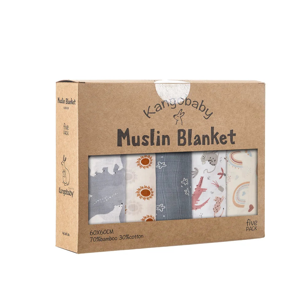 Kangobaby My Soft Life - 5-Pack Bamboo Cotton Muslin Bib Set for Newborns