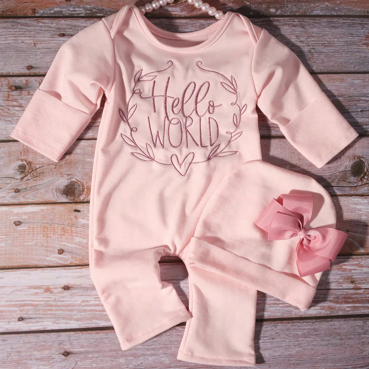 Ylsteed "Hello World" Embroidery Newborn Photography Props Infant Romper Jumpsuit with Bow Hat Baby Coming Home Outfit Baby Gift
