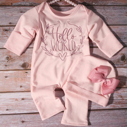 Hello World Newborn Romper & Bow Hat – Coming Home Outfit