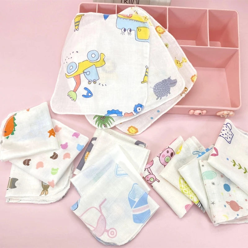 10Pcs Baby Washcloths Cartoon Cute Print Double Layer Gauze Infant Face Towel Absorbent Square Burp Cloths Handkerchief Random