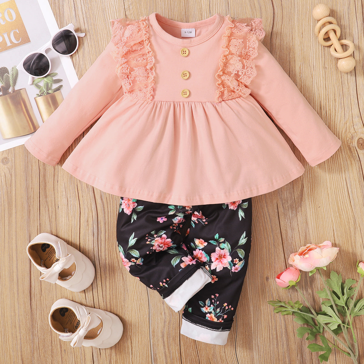 2PCS Infant Girl Clothes Set Long Sleeved Lace Top+Flower Pants Fashion Cute Spring&Autumn Outfit for Toddler Girl 3-24 Months