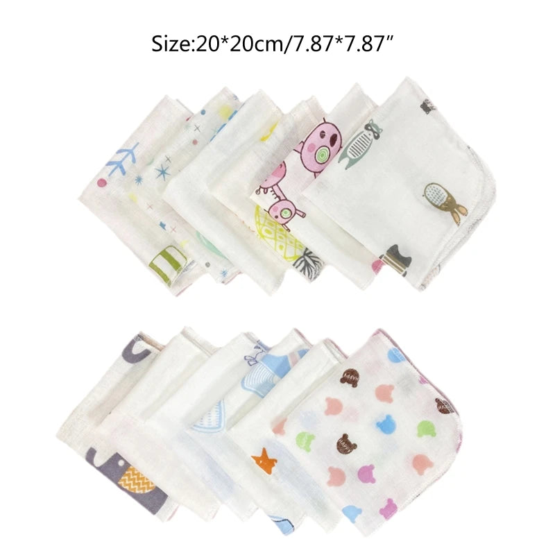 10Pcs Baby Washcloths Cartoon Cute Print Double Layer Gauze Infant Face Towel Absorbent Square Burp Cloths Handkerchief Random
