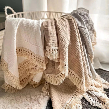 Cotton Muslin Swaddle Blanket – Tassel Baby Wrap