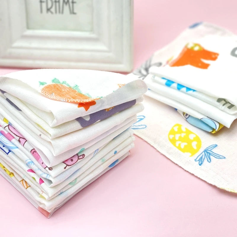 10Pcs Baby Washcloths Cartoon Cute Print Double Layer Gauze Infant Face Towel Absorbent Square Burp Cloths Handkerchief Random