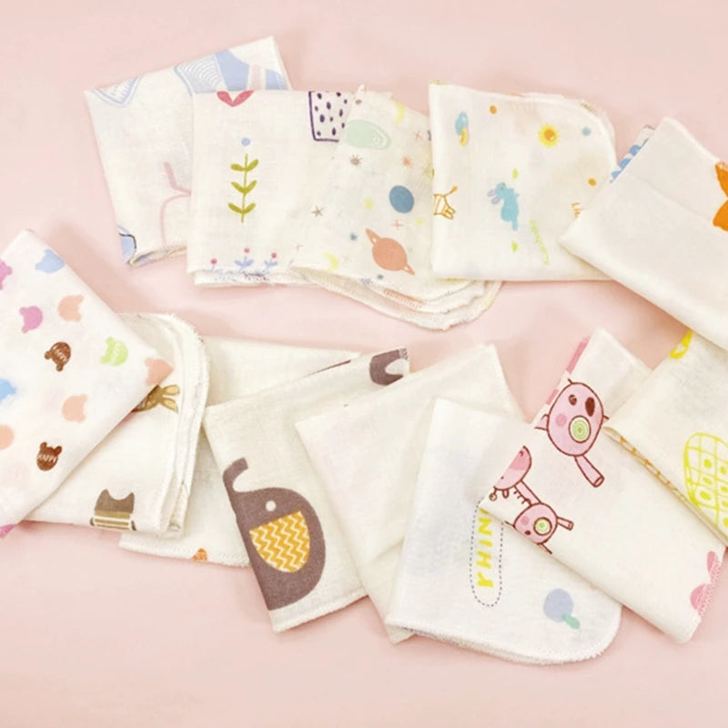 10Pcs Baby Washcloths Cartoon Cute Print Double Layer Gauze Infant Face Towel Absorbent Square Burp Cloths Handkerchief Random