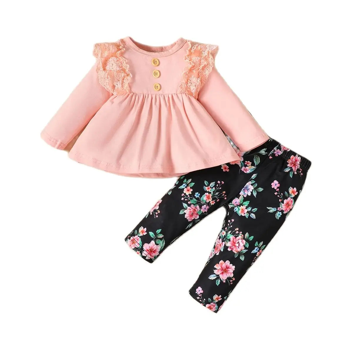 2PCS Infant Girl Clothes Set Long Sleeved Lace Top+Flower Pants Fashion Cute Spring&Autumn Outfit for Toddler Girl 3-24 Months