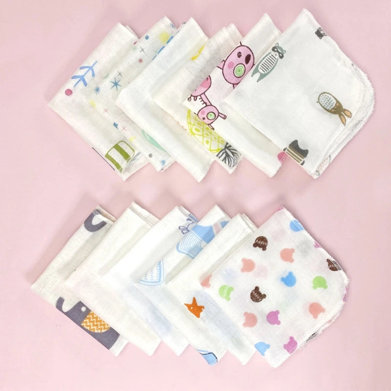 10Pcs Baby Washcloths Cartoon Cute Print Double Layer Gauze Infant Face Towel Absorbent Square Burp Cloths Handkerchief Random