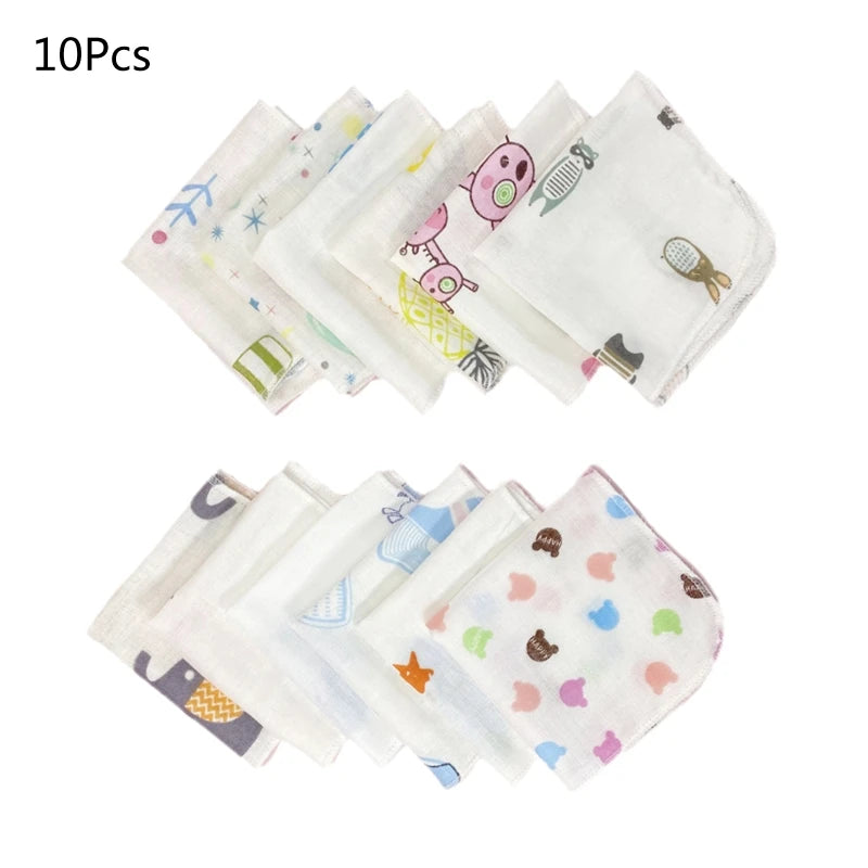 10Pcs Baby Washcloths Cartoon Cute Print Double Layer Gauze Infant Face Towel Absorbent Square Burp Cloths Handkerchief Random