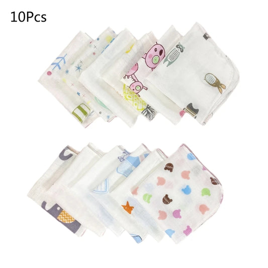 10Pcs Baby Washcloths Cartoon Cute Print Double Layer Gauze Infant Face Towel Absorbent Square Burp Cloths Handkerchief Random