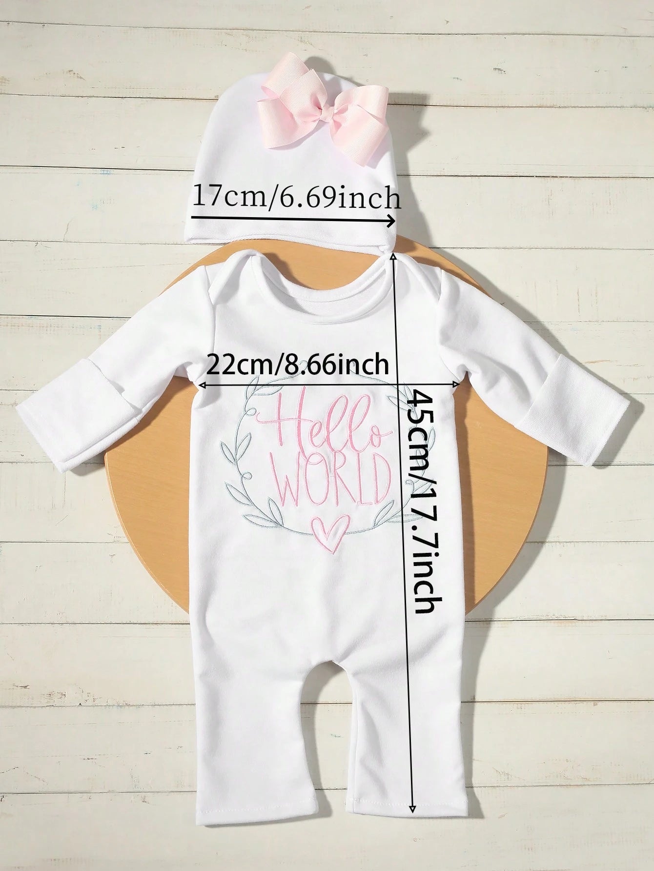 Ylsteed "Hello World" Embroidery Newborn Photography Props Infant Romper Jumpsuit with Bow Hat Baby Coming Home Outfit Baby Gift