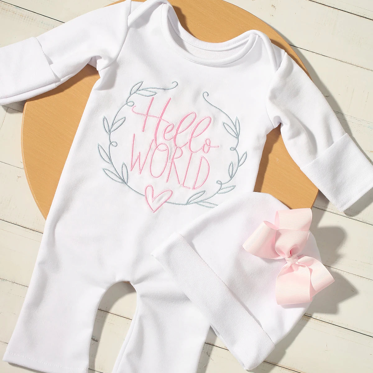 Ylsteed "Hello World" Embroidery Newborn Photography Props Infant Romper Jumpsuit with Bow Hat Baby Coming Home Outfit Baby Gift