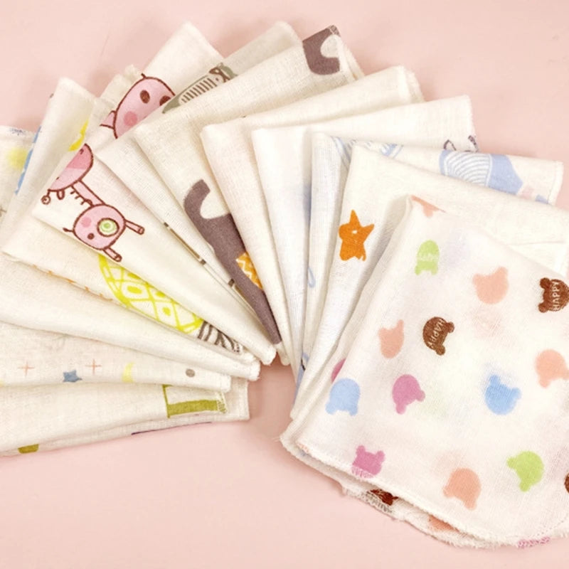 10Pcs Baby Washcloths Cartoon Cute Print Double Layer Gauze Infant Face Towel Absorbent Square Burp Cloths Handkerchief Random