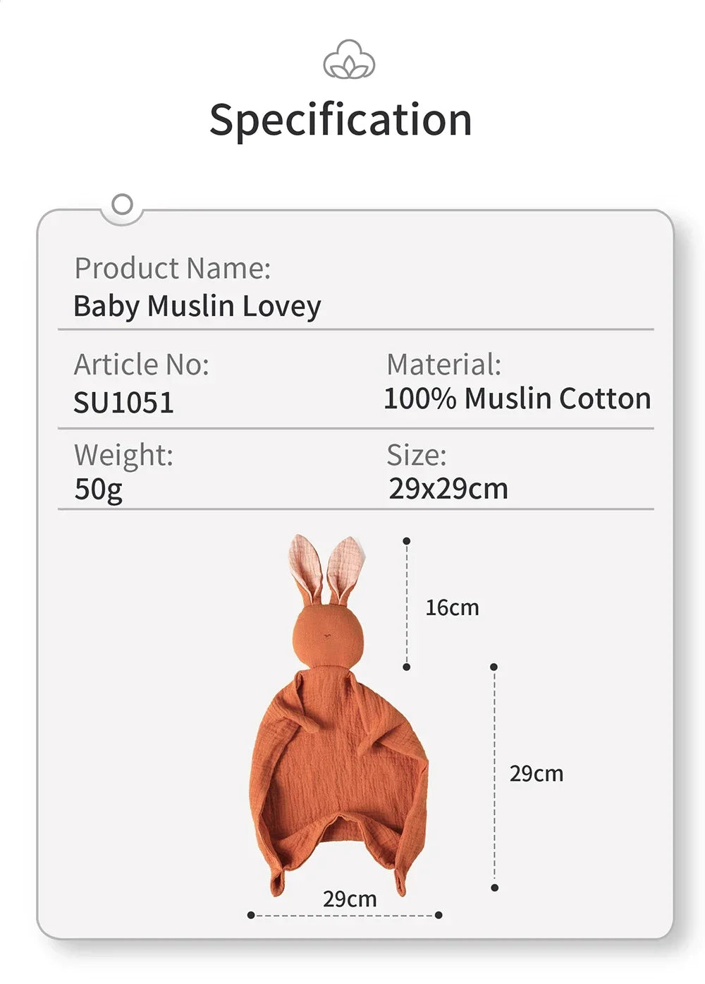Baby Soothing Towel | 100% Muslin Cotton Comfort Blanket with Cute Bunny Design