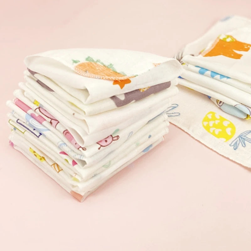 10Pcs Baby Washcloths Cartoon Cute Print Double Layer Gauze Infant Face Towel Absorbent Square Burp Cloths Handkerchief Random