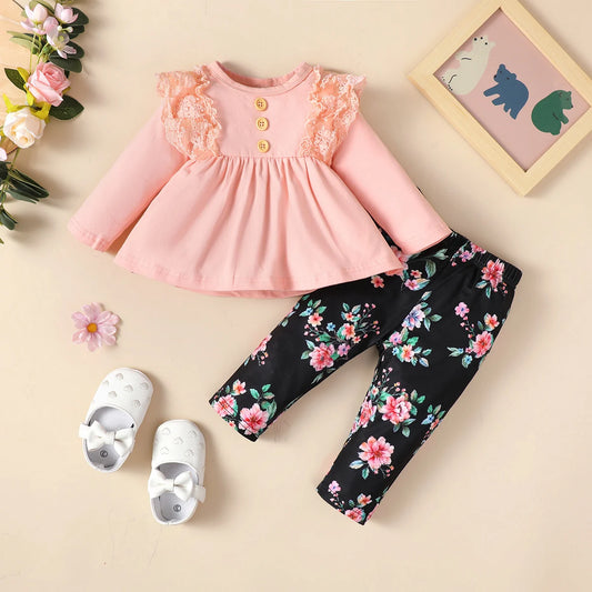2PCS Infant Girl Clothes Set Long Sleeved Lace Top+Flower Pants Fashion Cute Spring&Autumn Outfit for Toddler Girl 3-24 Months