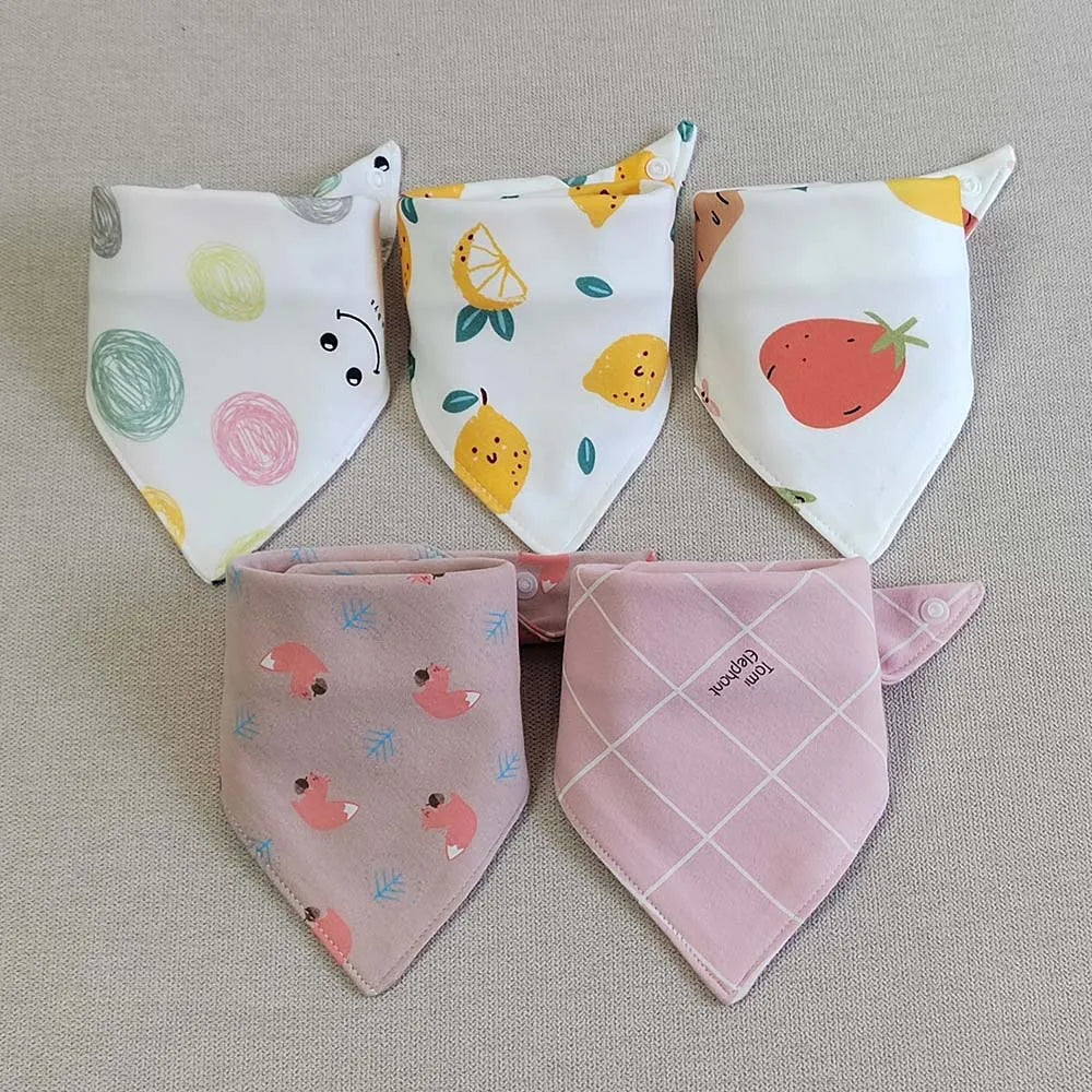 5pcs/lot Baby Bibs Triangle Double Cotton Bibs Cartoon Print Saliva Towel Baby Boys Girls Feeding Apron Cotton Bandana Bibs