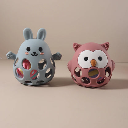 Silicone Baby Teether Gift Set - Rabbit & Owl Shaped Cartoon Teething Toy with Bell
