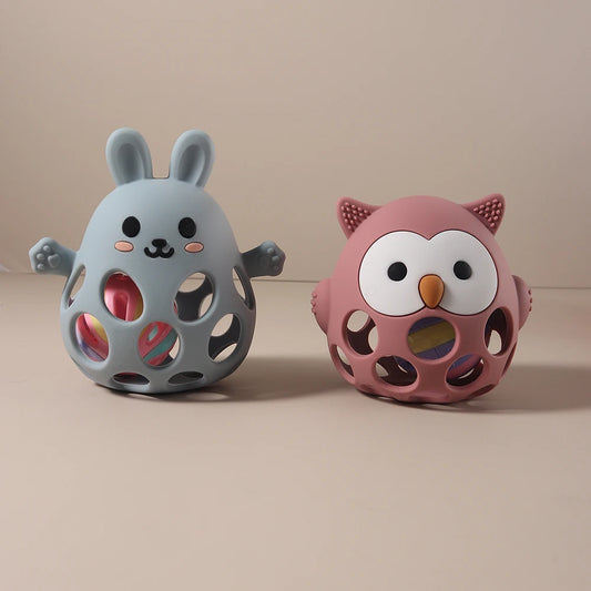 Silicone Baby Teether Gift Set - Rabbit & Owl Shaped Cartoon Teething Toy with Bell