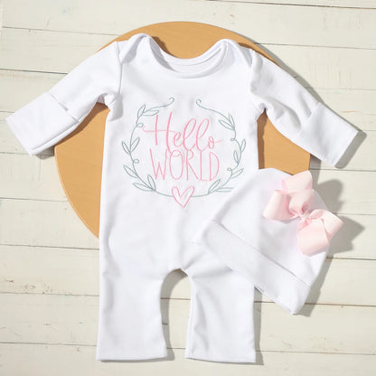 Hello World Newborn Romper & Bow Hat – Coming Home Outfit