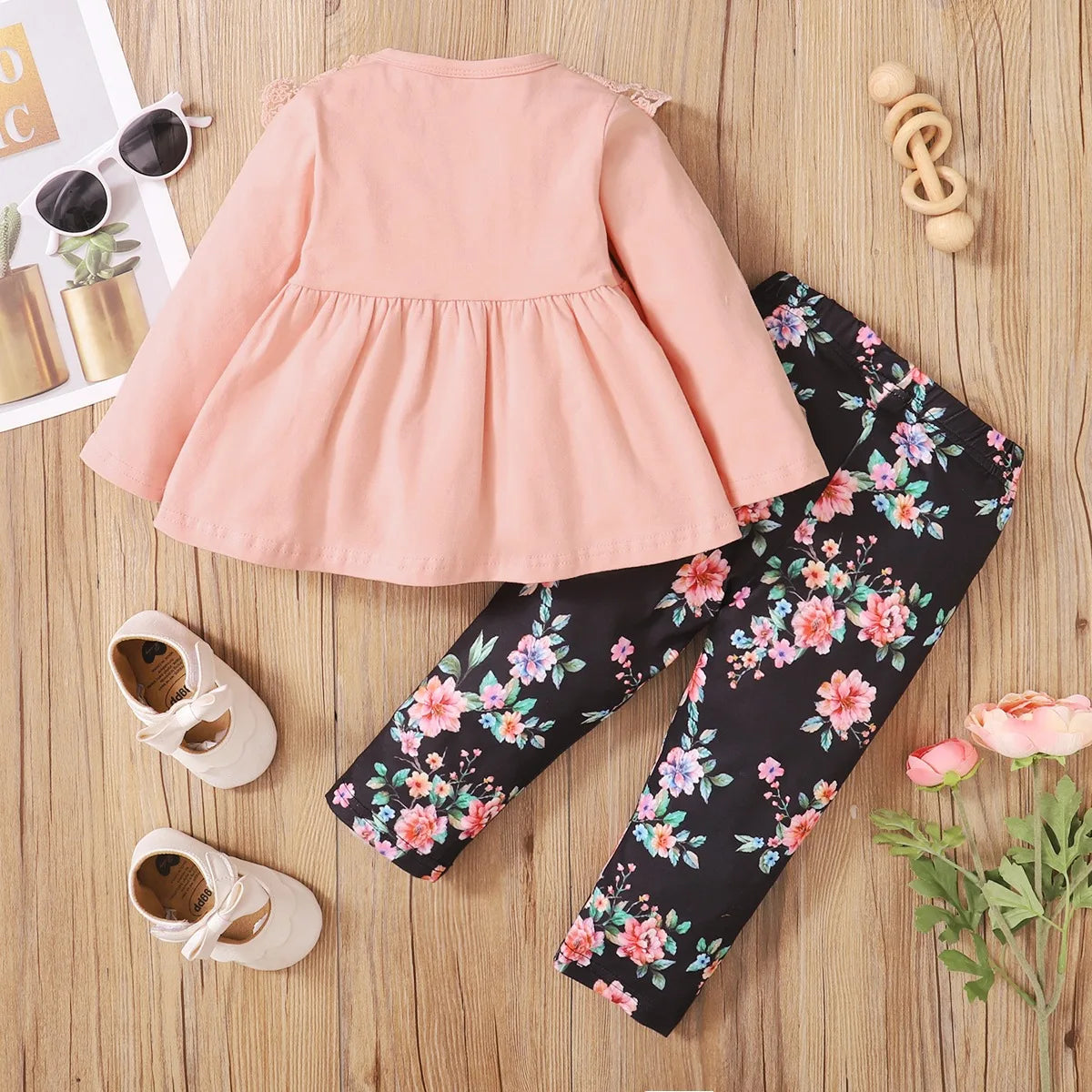2PCS Infant Girl Clothes Set Long Sleeved Lace Top+Flower Pants Fashion Cute Spring&Autumn Outfit for Toddler Girl 3-24 Months
